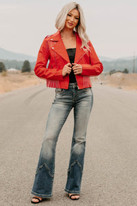 Poised Progress Rhinestone Fringe Signature 8 Moto Jacket (Red) - NanaMacs