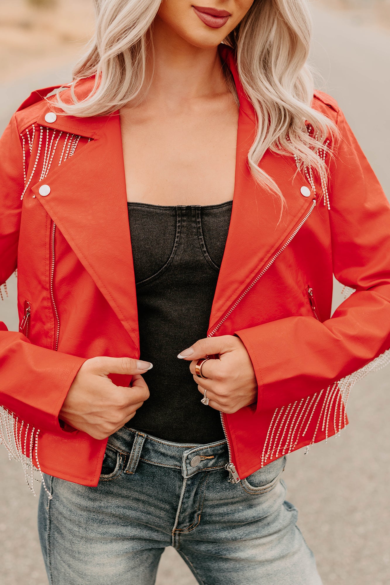 Poised Progress Rhinestone Fringe Signature 8 Moto Jacket (Red) - NanaMacs