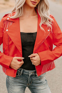 Poised Progress Rhinestone Fringe Signature 8 Moto Jacket (Red) - NanaMacs