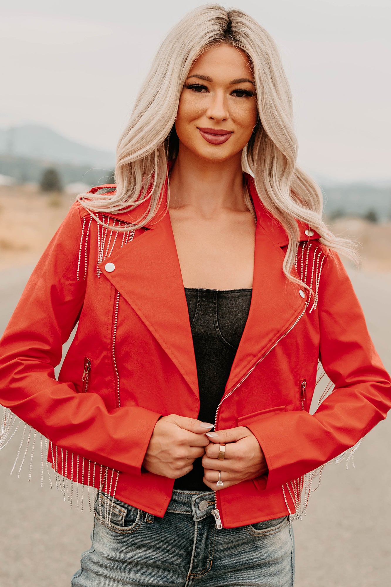 Poised Progress Rhinestone Fringe Signature 8 Moto Jacket (Red) - NanaMacs