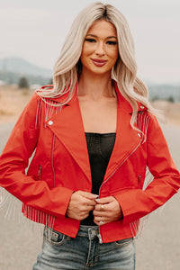 Poised Progress Rhinestone Fringe Signature 8 Moto Jacket (Red) - NanaMacs