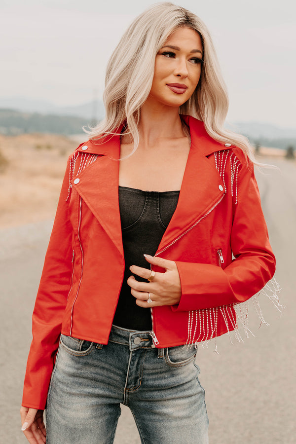 Poised Progress Rhinestone Fringe Signature 8 Moto Jacket (Red) - NanaMacs