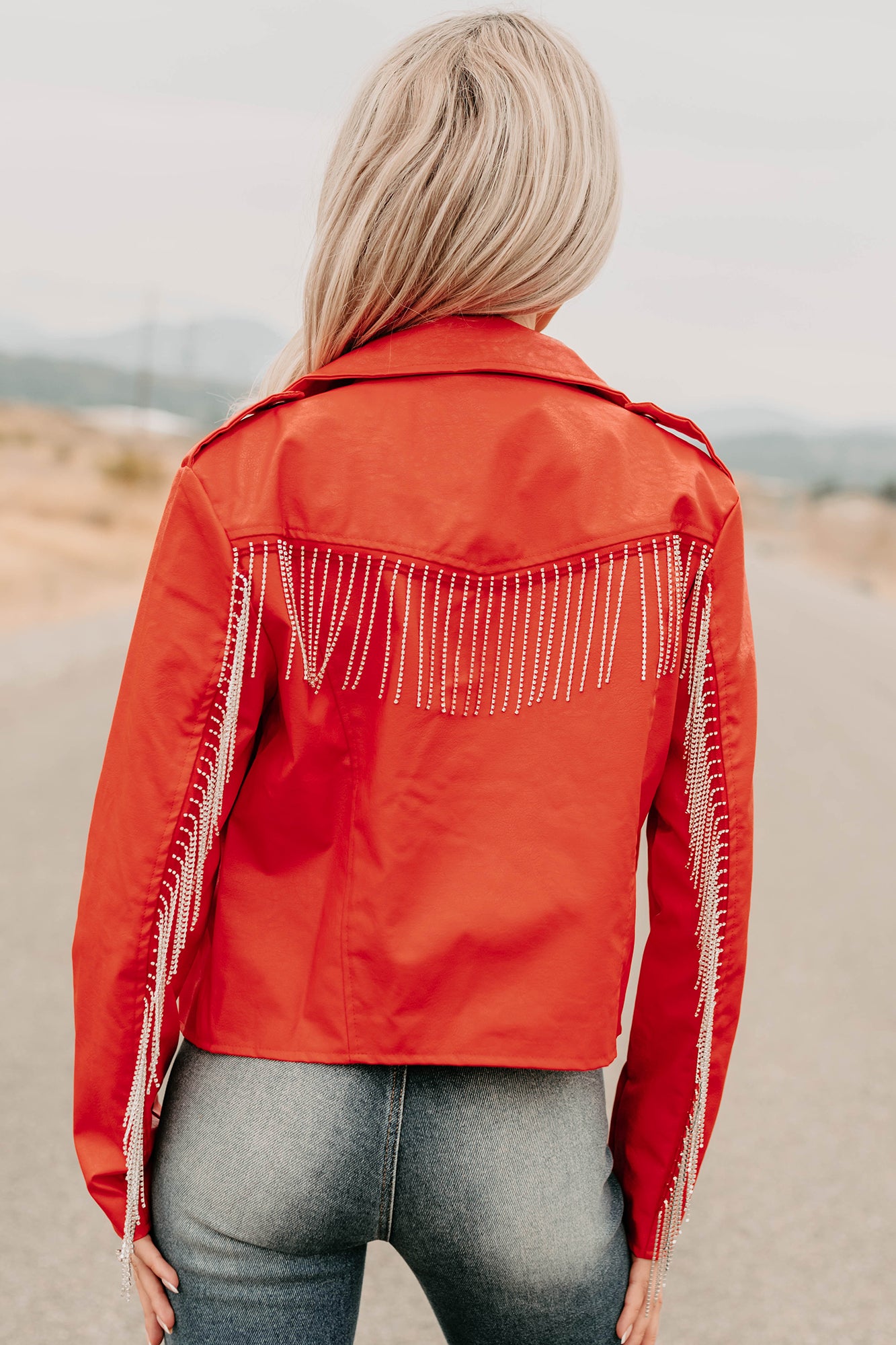 Poised Progress Rhinestone Fringe Signature 8 Moto Jacket (Red) - NanaMacs