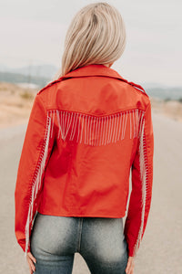 Poised Progress Rhinestone Fringe Signature 8 Moto Jacket (Red) - NanaMacs