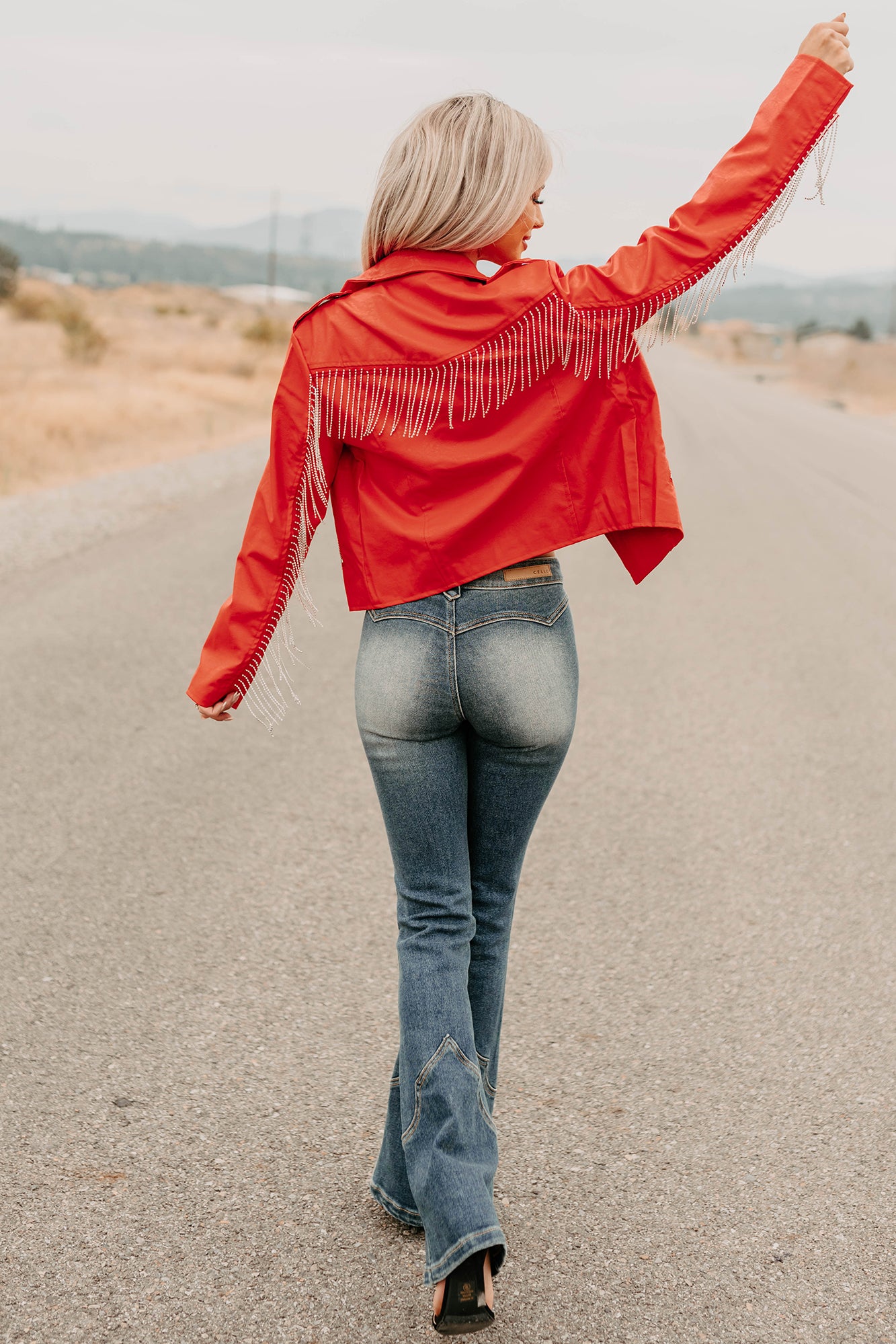 Poised Progress Rhinestone Fringe Signature 8 Moto Jacket (Red) - NanaMacs