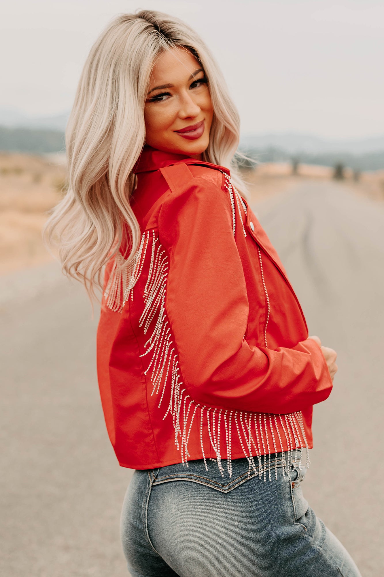 Poised Progress Rhinestone Fringe Signature 8 Moto Jacket (Red) - NanaMacs