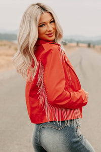 Poised Progress Rhinestone Fringe Signature 8 Moto Jacket (Red) - NanaMacs