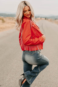 Poised Progress Rhinestone Fringe Signature 8 Moto Jacket (Red) - NanaMacs