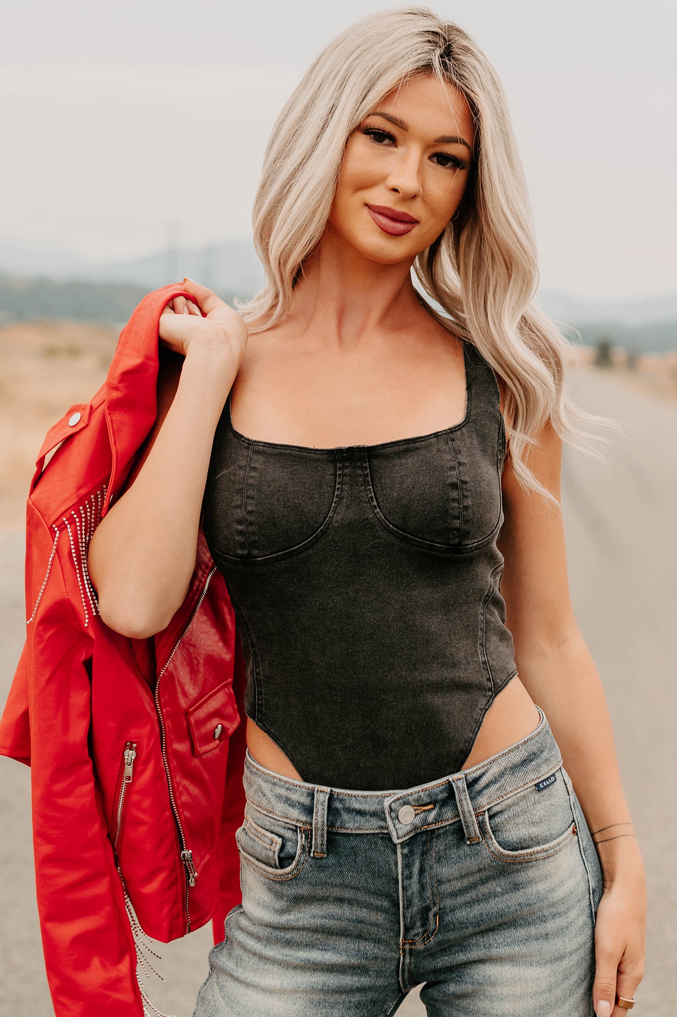 Fueled By Confidence Signature 8 Stretchy Denim Bodysuit (Washed Black) - NanaMacs