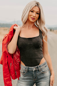 Fueled By Confidence Signature 8 Stretchy Denim Bodysuit (Washed Black) - NanaMacs