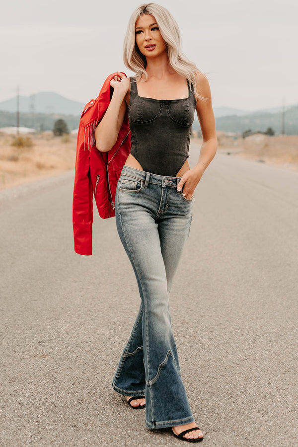 Fueled By Confidence Signature 8 Stretchy Denim Bodysuit (Washed Black) - NanaMacs