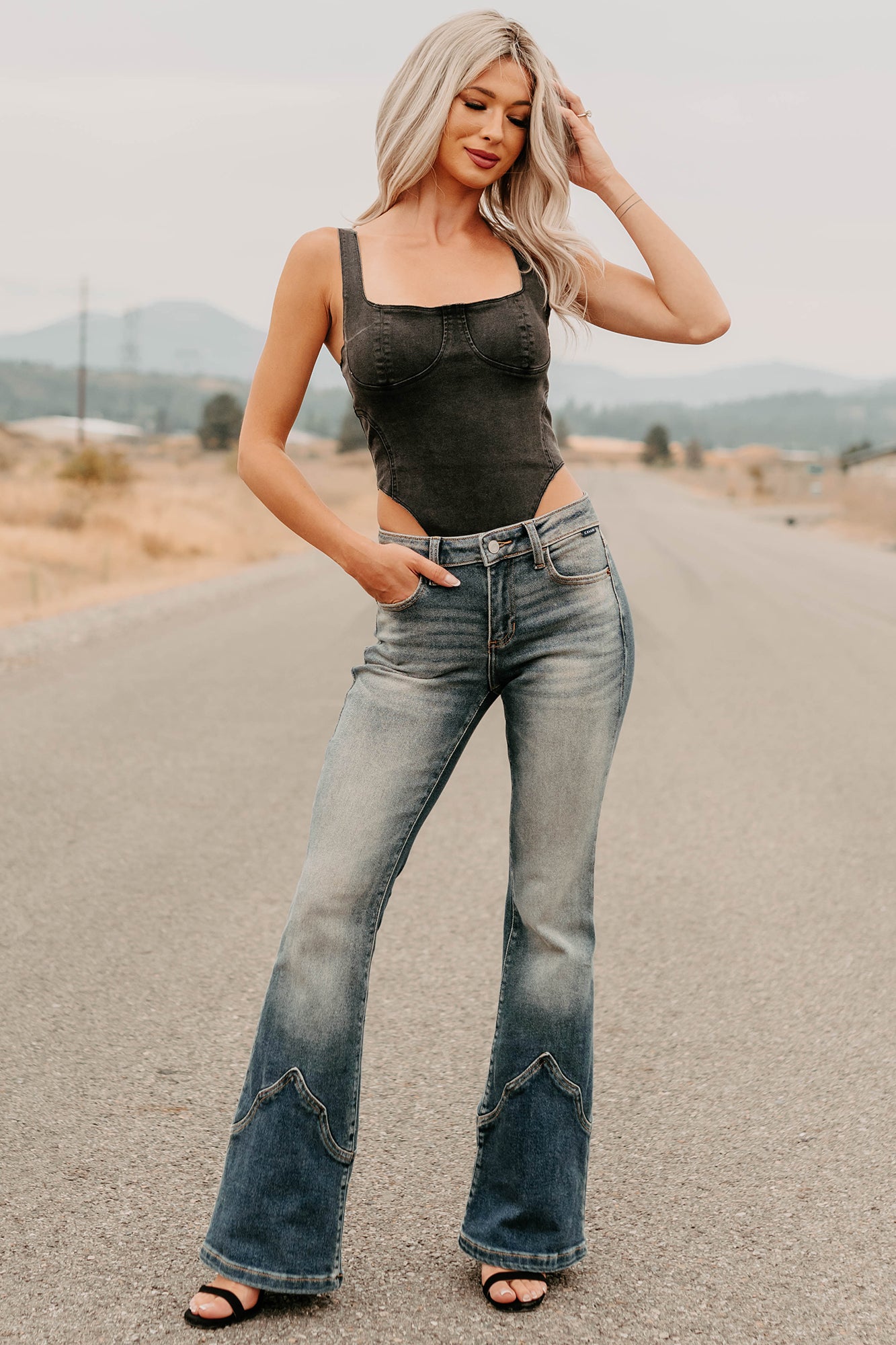 Fueled By Confidence Signature 8 Stretchy Denim Bodysuit (Washed Black) - NanaMacs