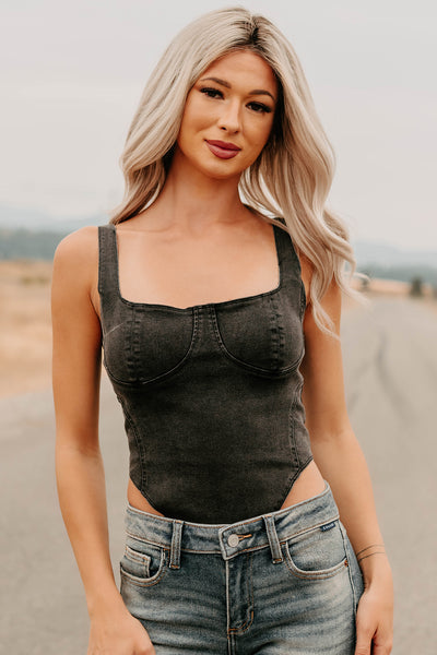 Fueled By Confidence Signature 8 Stretchy Denim Bodysuit (Washed Black) - NanaMacs