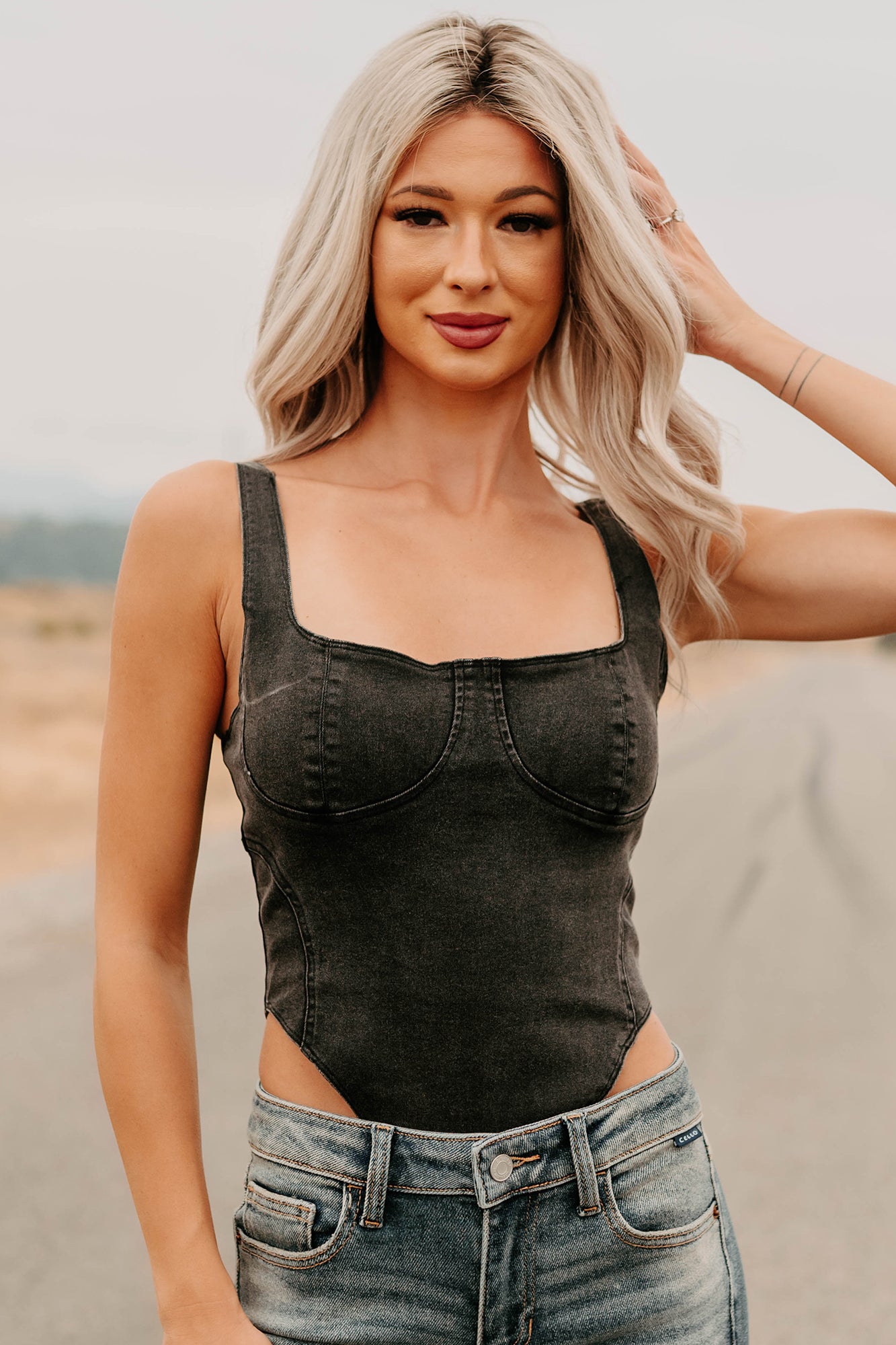 Fueled By Confidence Signature 8 Stretchy Denim Bodysuit (Washed Black) - NanaMacs