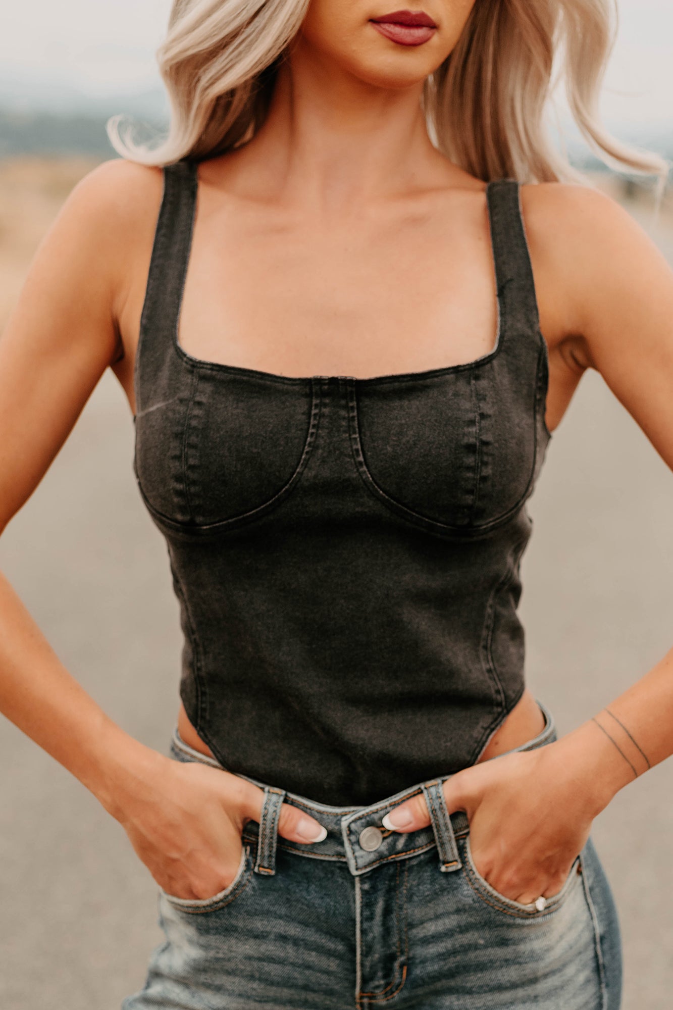 Fueled By Confidence Signature 8 Stretchy Denim Bodysuit (Washed Black) - NanaMacs