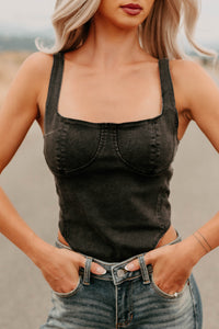 Fueled By Confidence Signature 8 Stretchy Denim Bodysuit (Washed Black) - NanaMacs