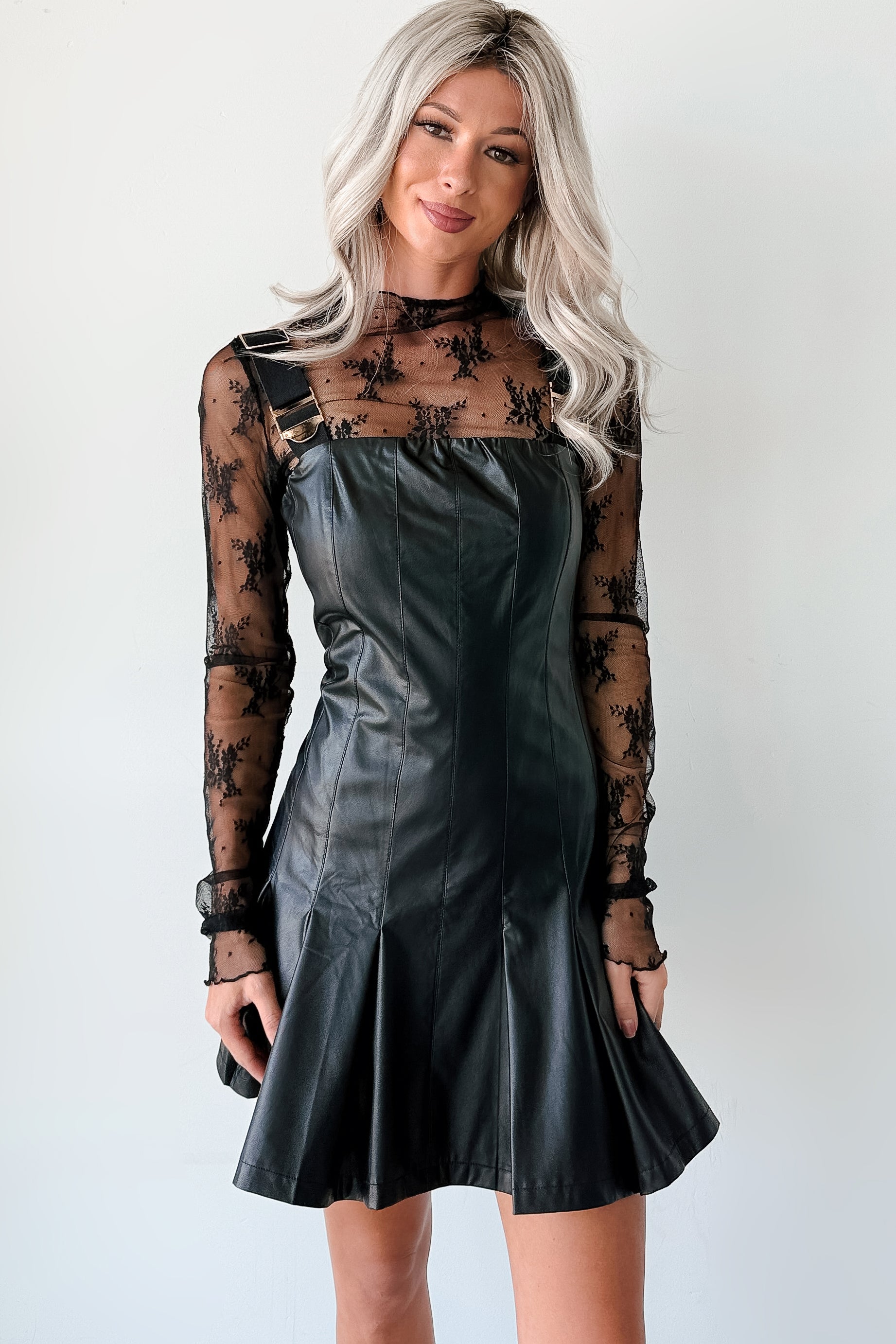 One Of None Pleated Faux Leather Dress (Black) - NanaMacs