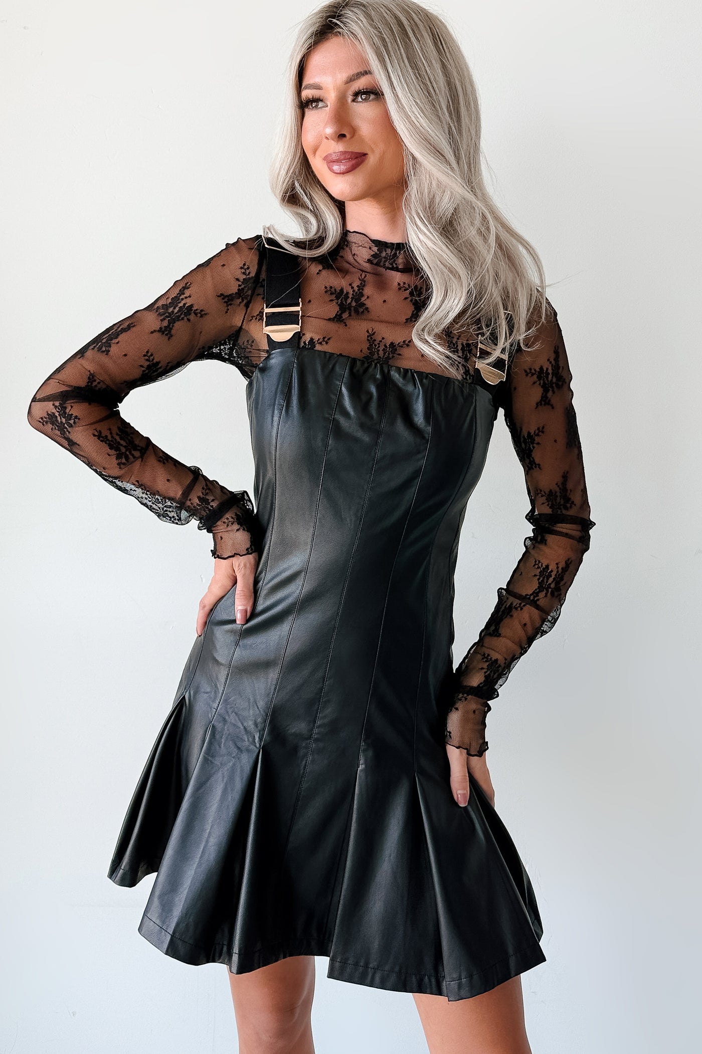 One Of None Pleated Faux Leather Dress (Black) - NanaMacs