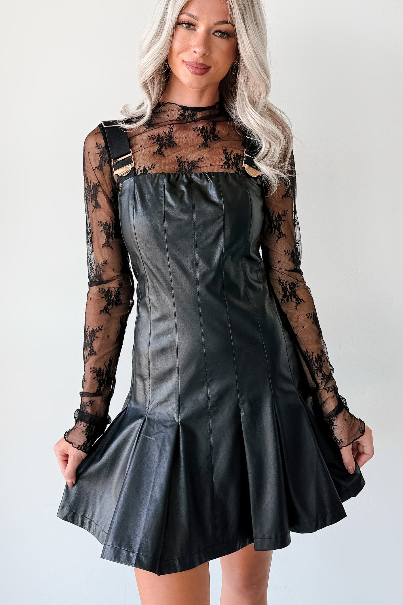 One Of None Pleated Faux Leather Dress (Black) - NanaMacs