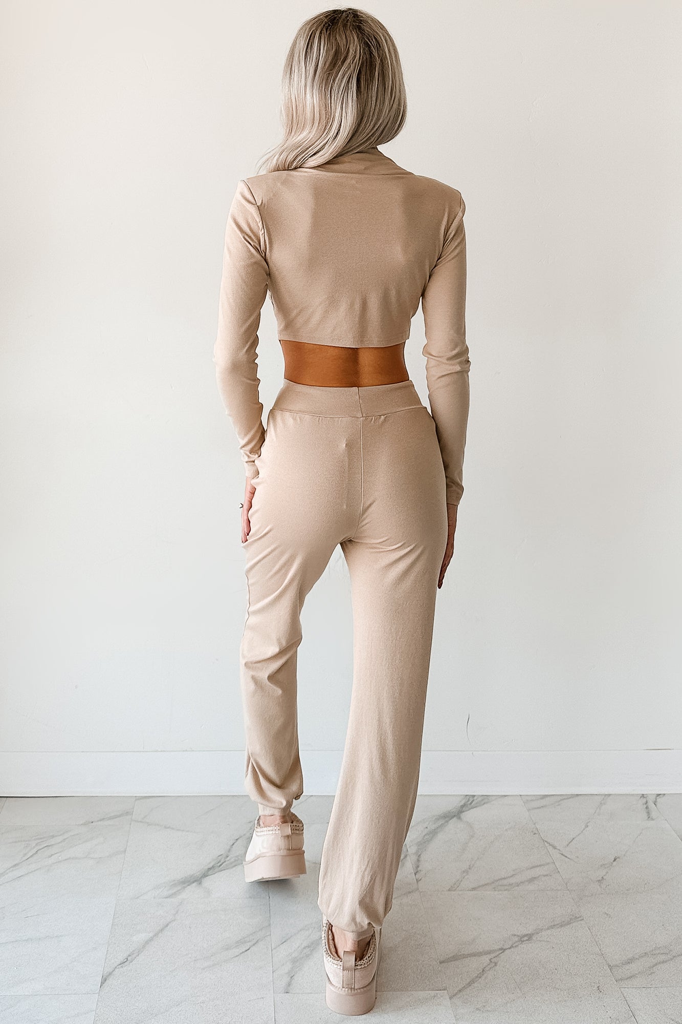 Force For Good Mock Neck Crop Top & Jogger Set (Latte) - NanaMacs