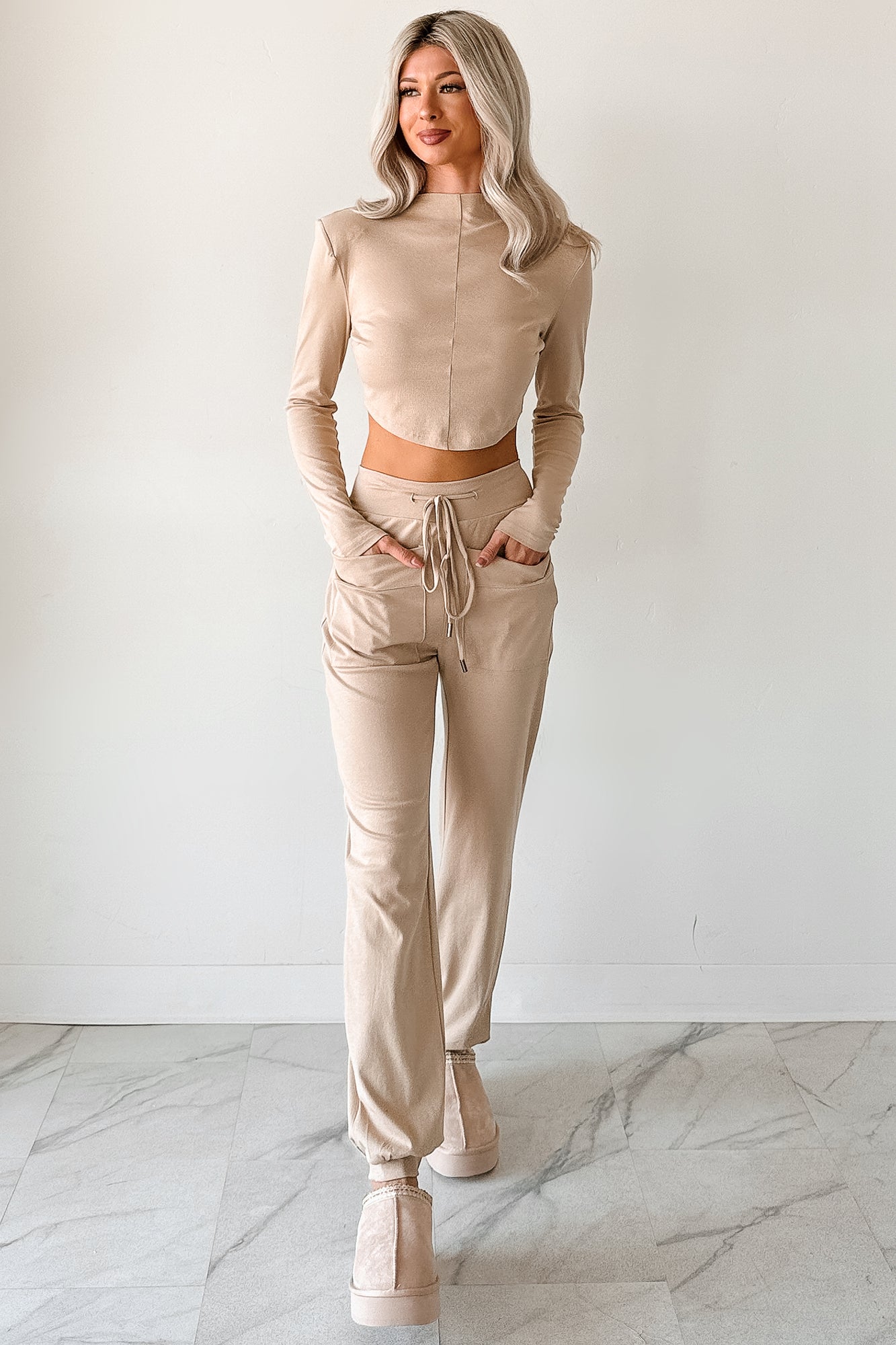 Force For Good Mock Neck Crop Top & Jogger Set (Latte) - NanaMacs