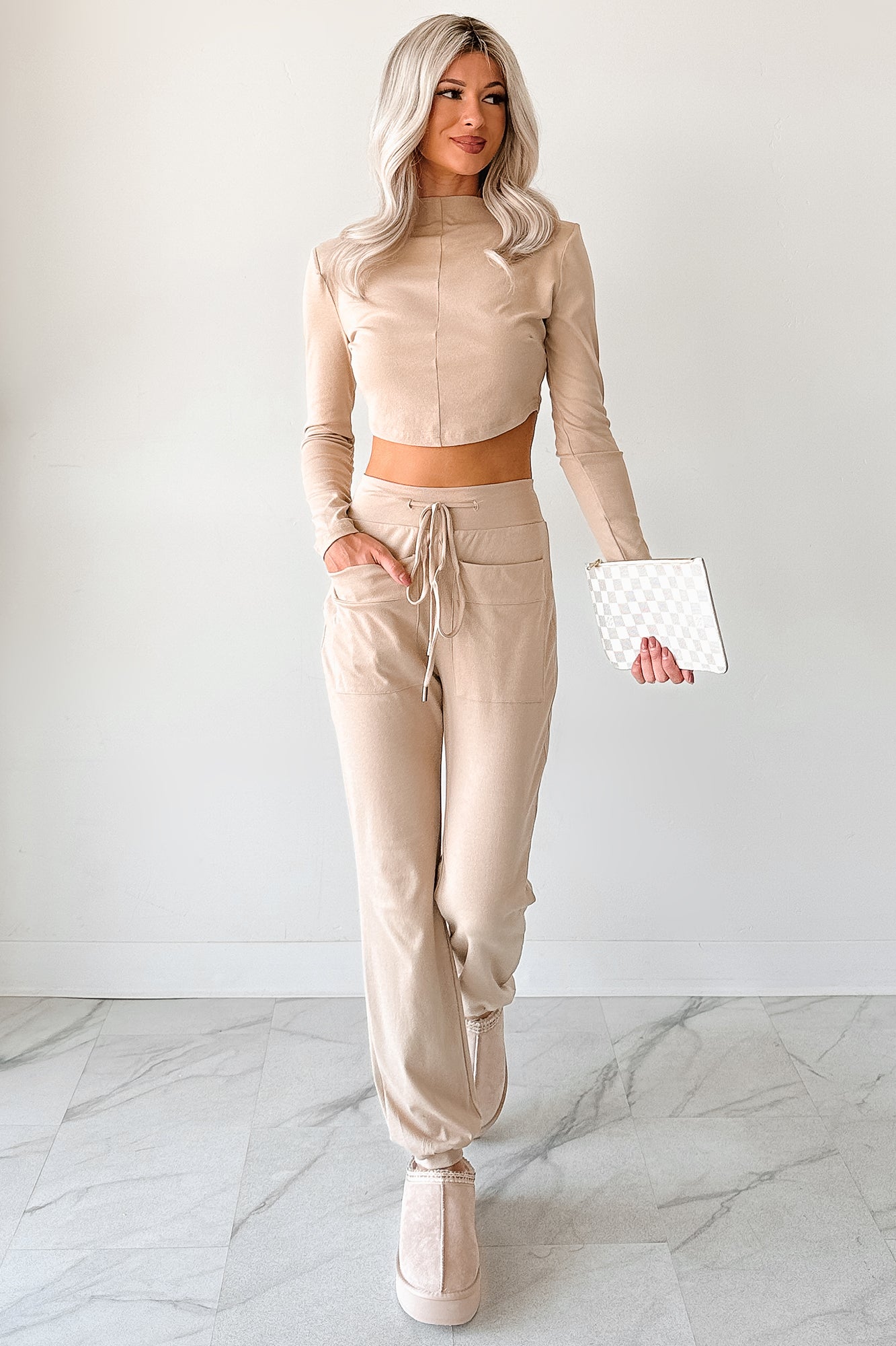 Force For Good Mock Neck Crop Top & Jogger Set (Latte) - NanaMacs