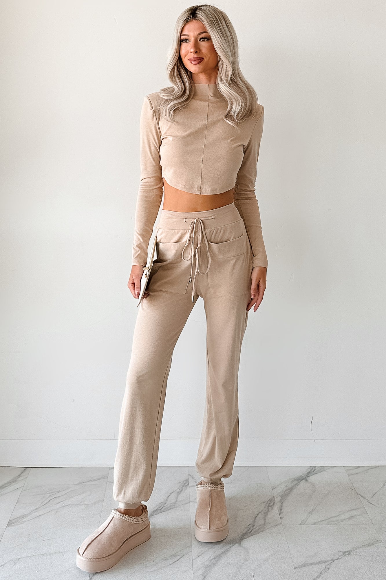 Force For Good Mock Neck Crop Top & Jogger Set (Latte) - NanaMacs