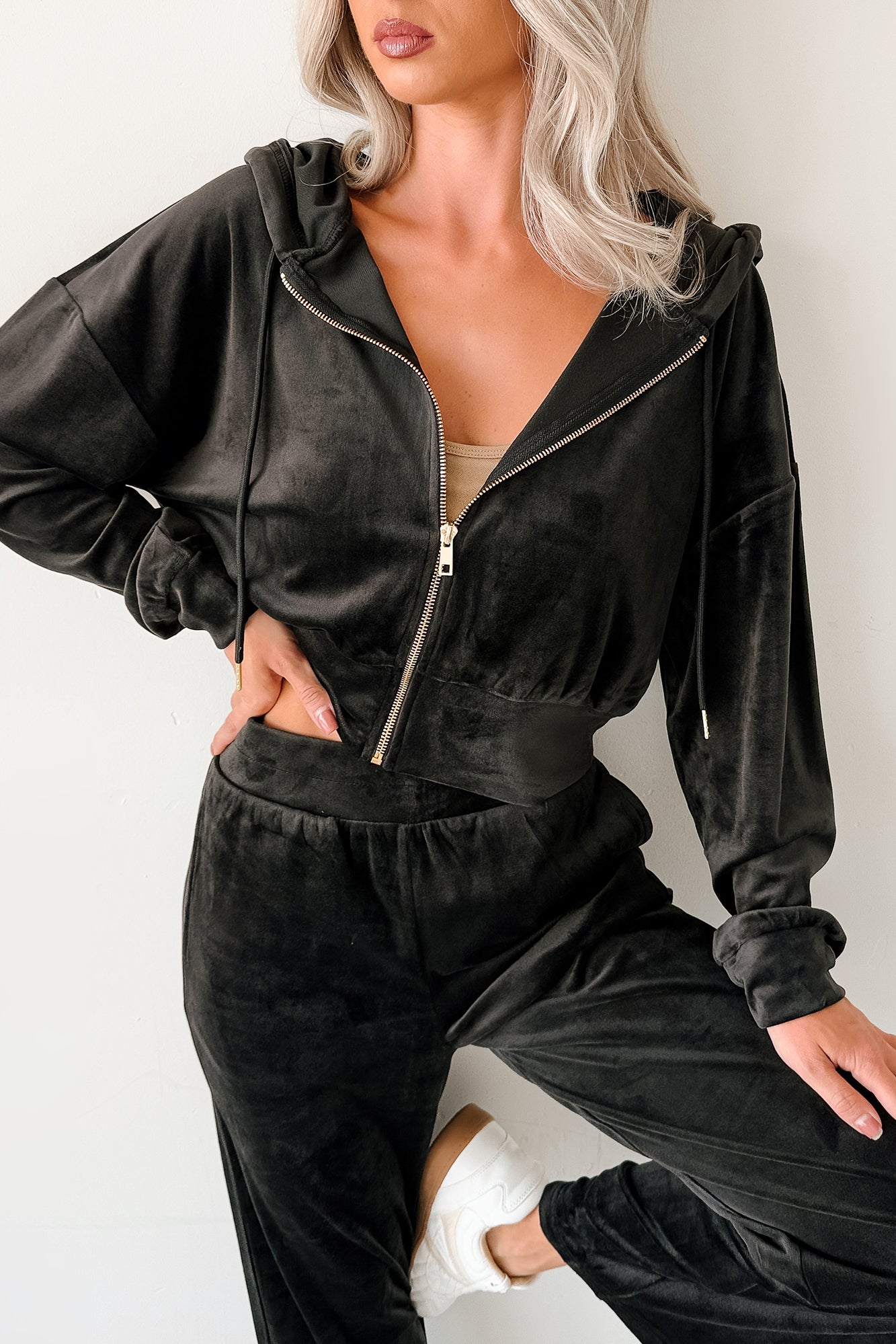 Up And Running Zenana Velvet Two Piece Set (Black) - NanaMacs