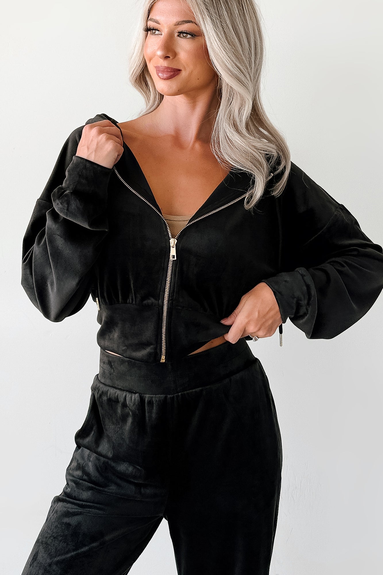 Up And Running Zenana Velvet Two Piece Set (Black) - NanaMacs