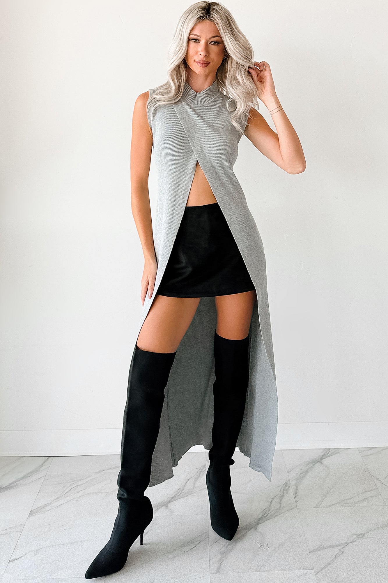 Simply Me Sleeveless Mock Neck Maxi Top (Heather Grey) - NanaMacs