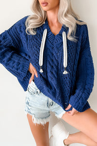 Total Ease Zenana Cable Knit Sweater Hoodie (Light Navy) - NanaMacs