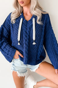 Total Ease Zenana Cable Knit Sweater Hoodie (Light Navy) - NanaMacs