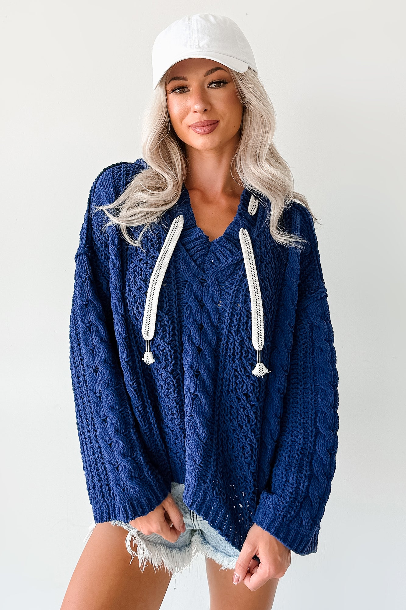 Total Ease Zenana Cable Knit Sweater Hoodie (Light Navy) - NanaMacs