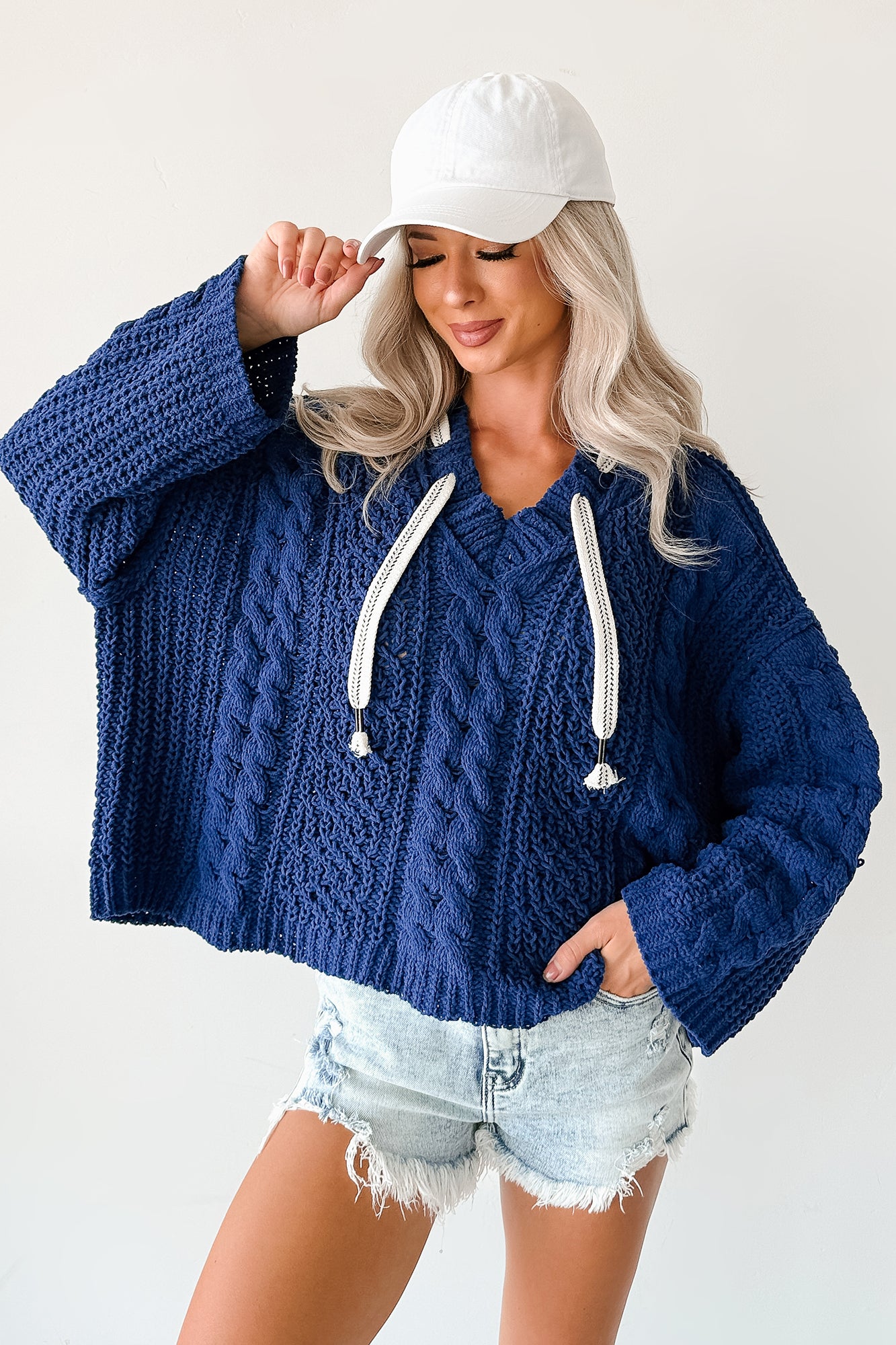 Total Ease Zenana Cable Knit Sweater Hoodie (Light Navy) - NanaMacs