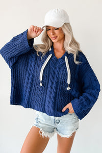 Total Ease Zenana Cable Knit Sweater Hoodie (Light Navy) - NanaMacs