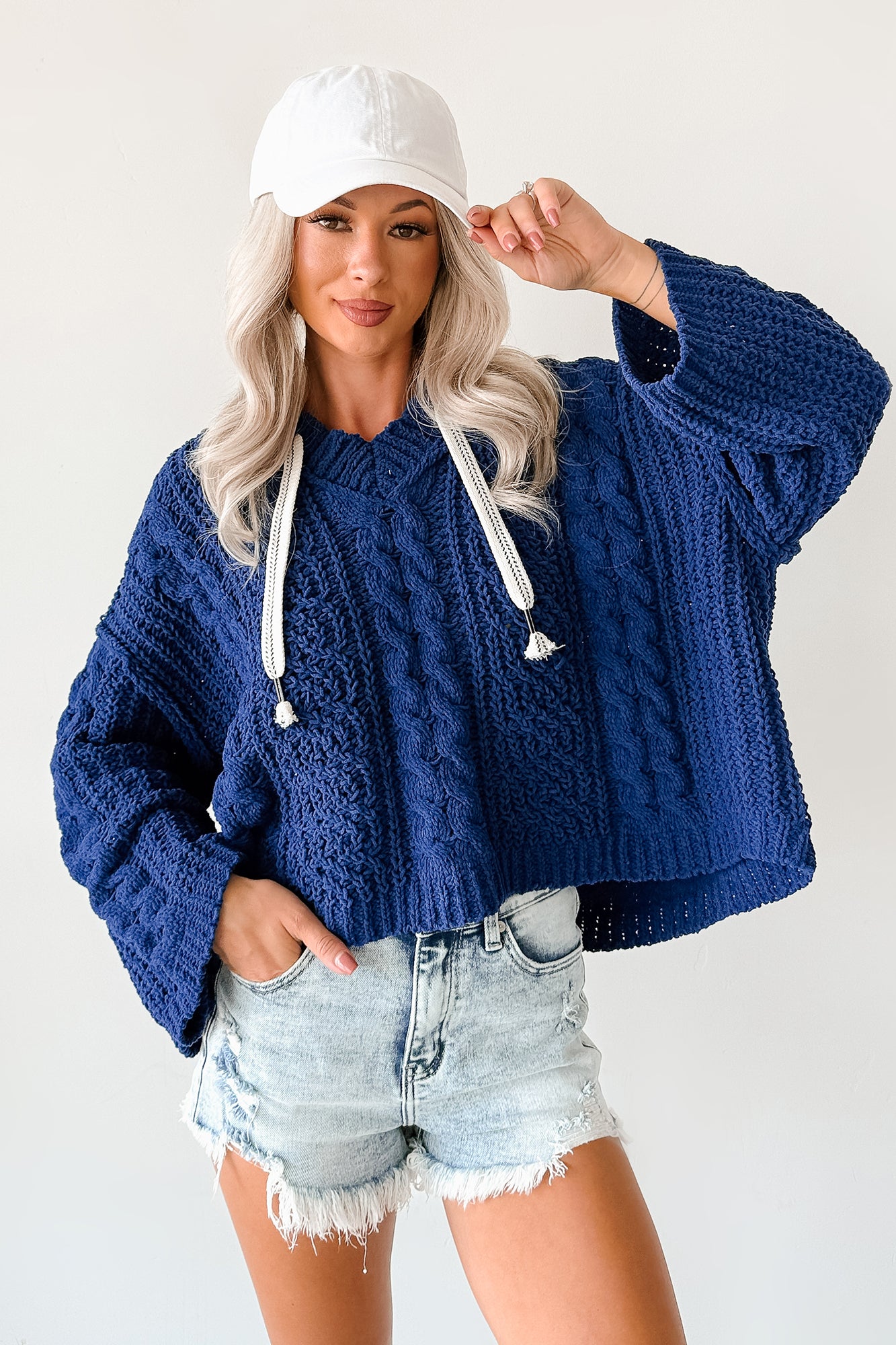 Total Ease Zenana Cable Knit Sweater Hoodie (Light Navy) - NanaMacs