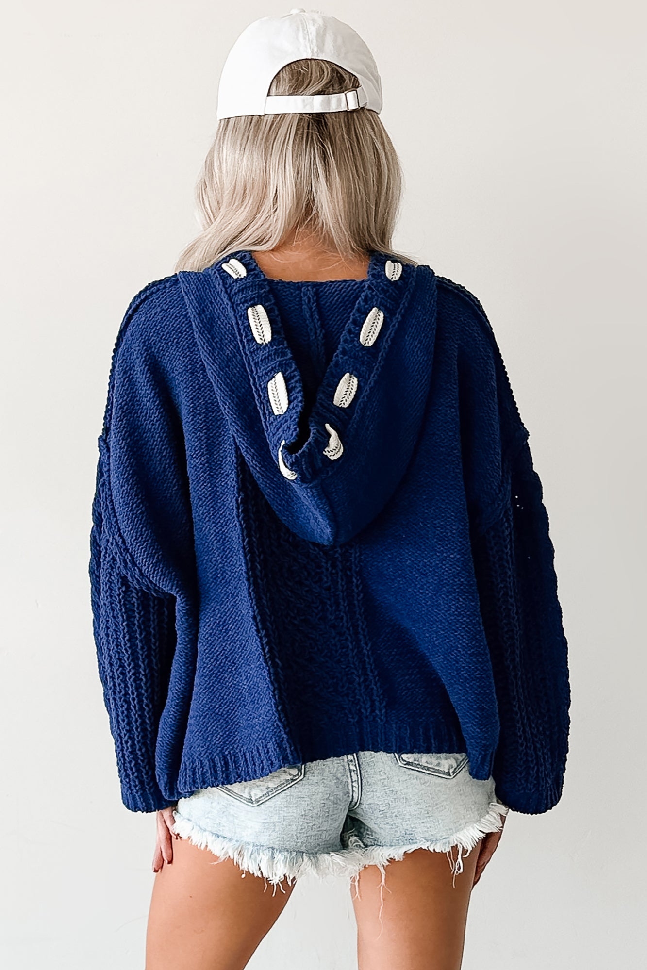 Total Ease Zenana Cable Knit Sweater Hoodie (Light Navy) - NanaMacs