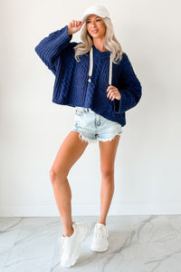 Total Ease Zenana Cable Knit Sweater Hoodie (Light Navy) - NanaMacs