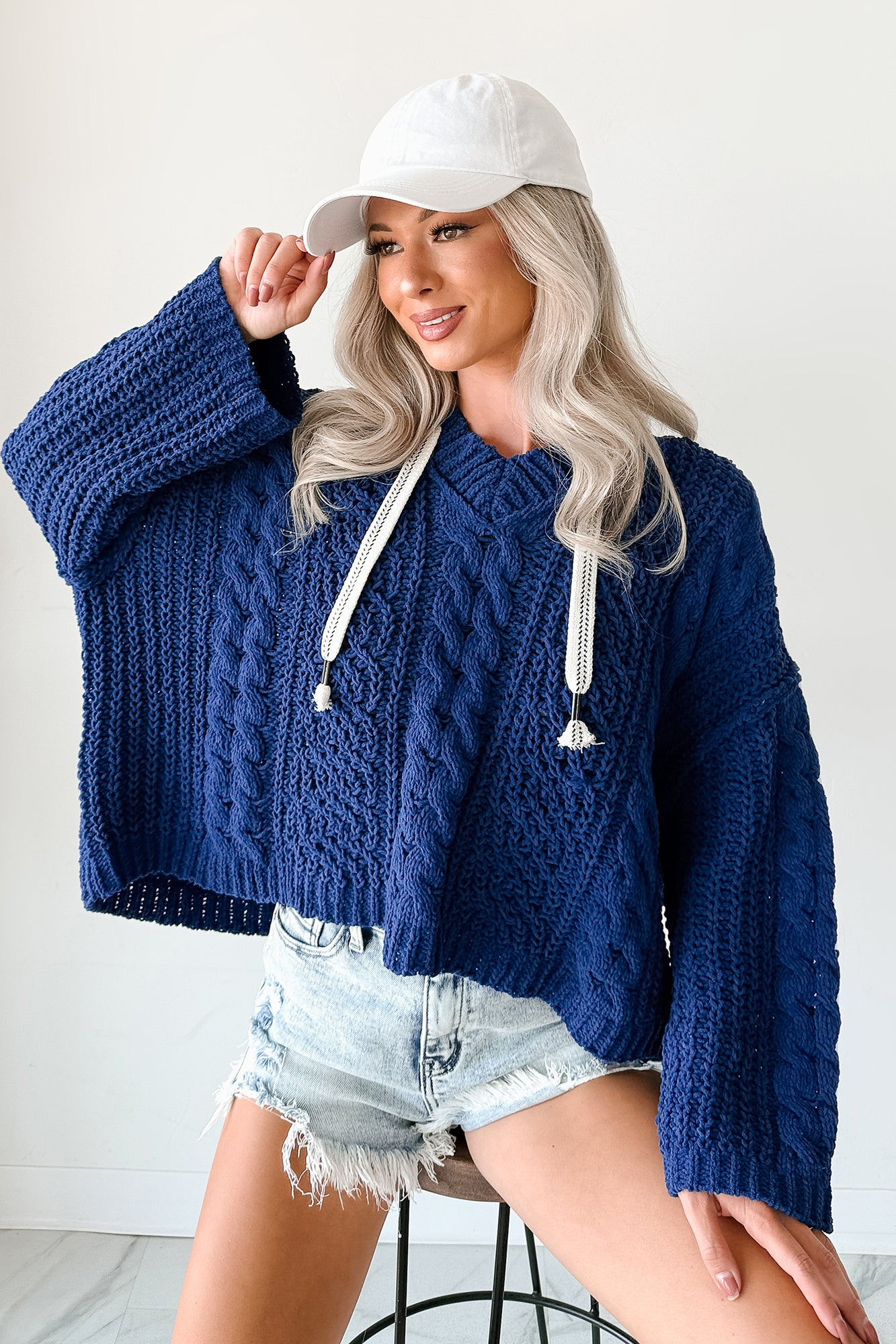 Total Ease Zenana Cable Knit Sweater Hoodie (Light Navy) - NanaMacs