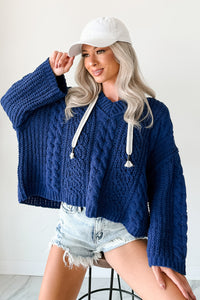 Total Ease Zenana Cable Knit Sweater Hoodie (Light Navy) - NanaMacs