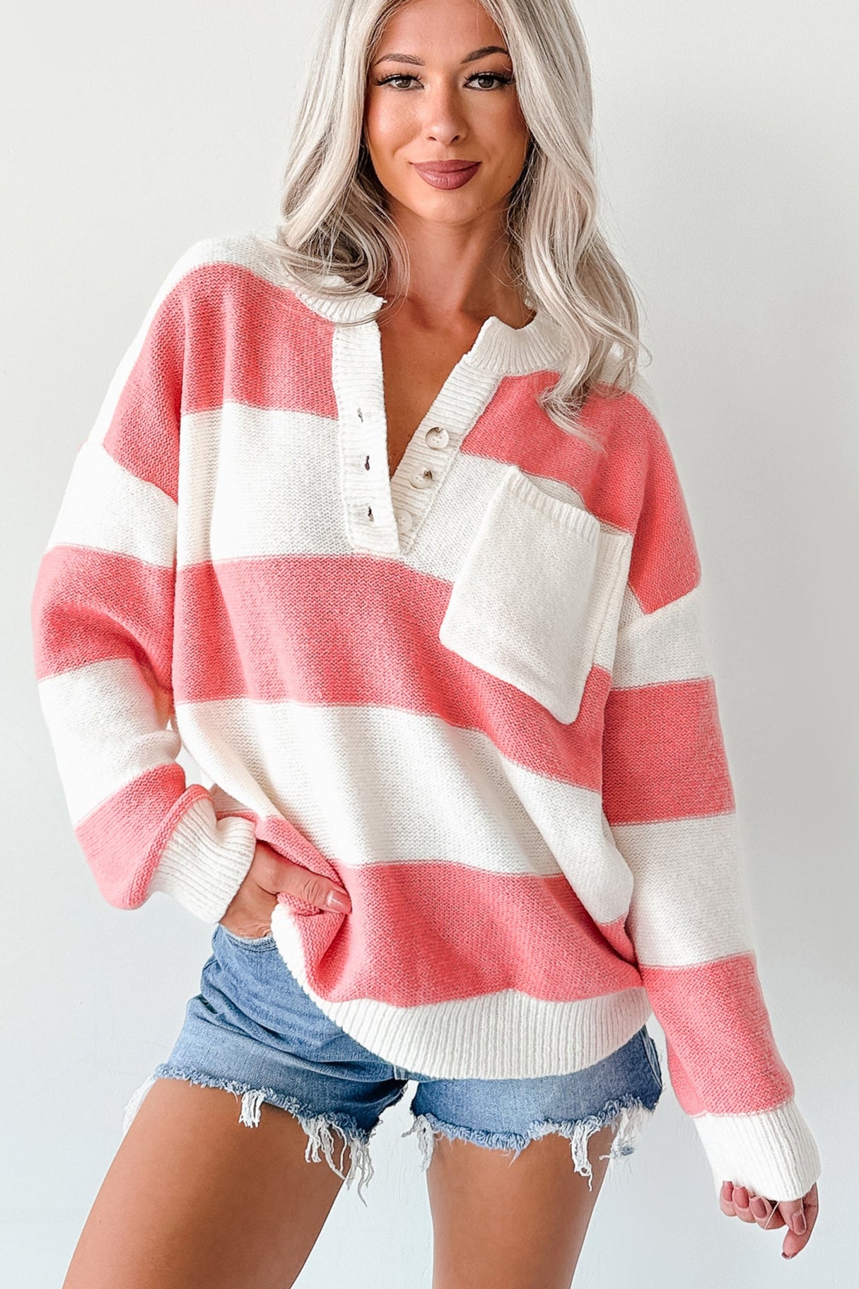 Shake The Feeling Striped Pullover Sweater (Pink/Ivory) - NanaMacs