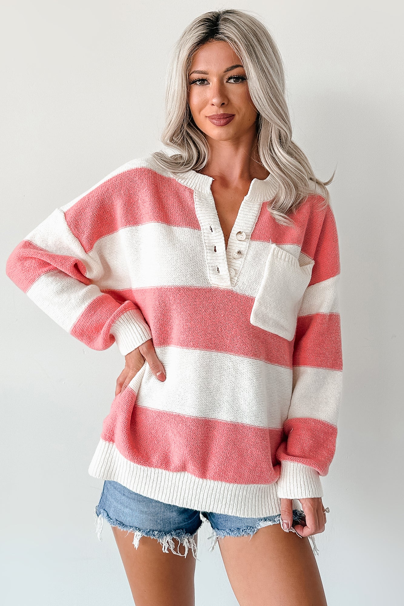 Shake The Feeling Striped Pullover Sweater (Pink/Ivory) - NanaMacs