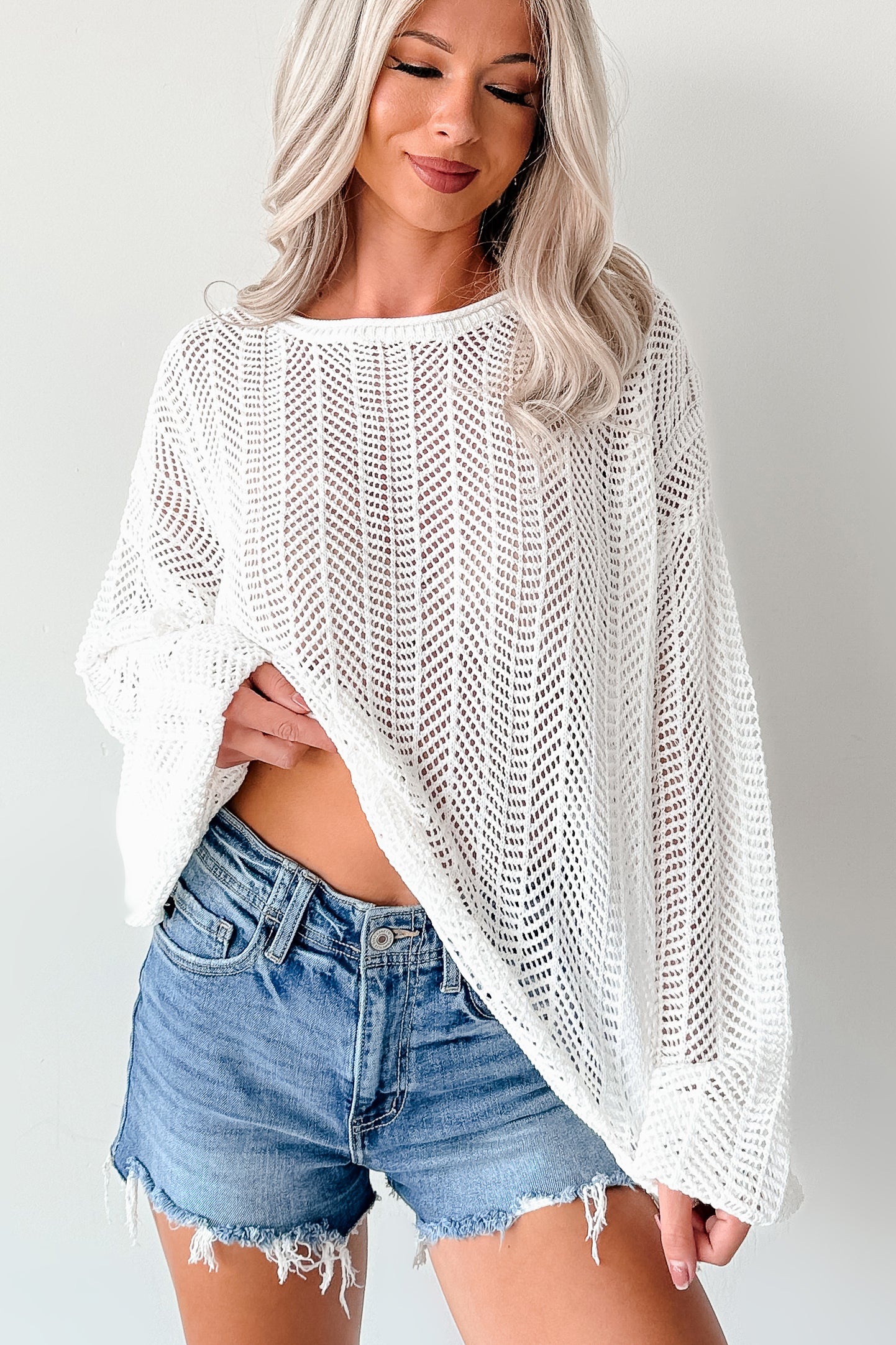 Feel Good Flow Open Knit Zenana Sweater (Ivory) - NanaMacs
