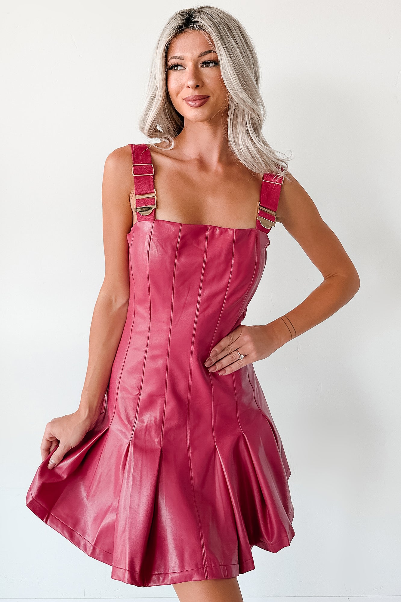 One Of None Pleated Faux Leather Dress (Magenta) - NanaMacs