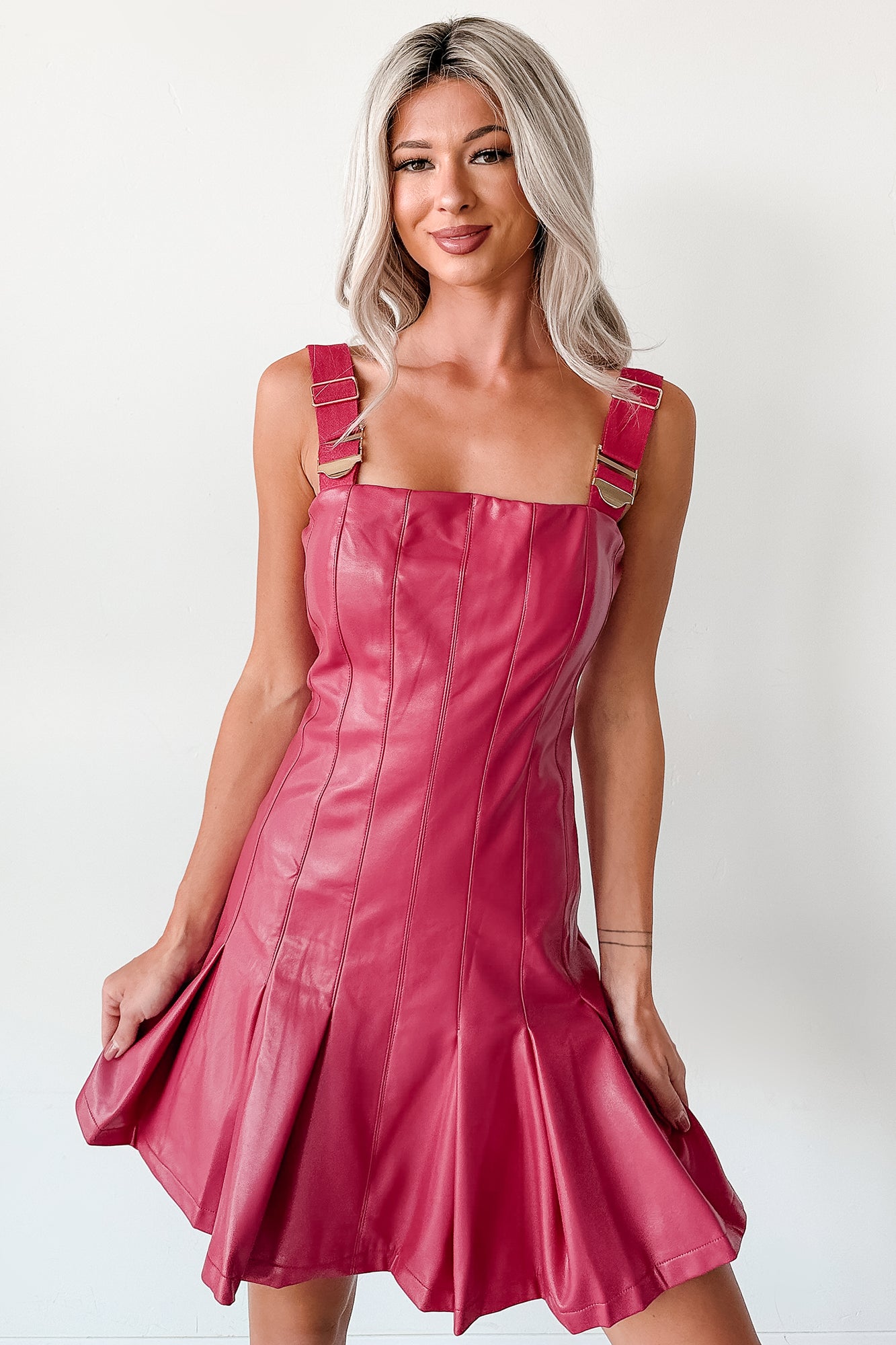 One Of None Pleated Faux Leather Dress (Magenta) - NanaMacs