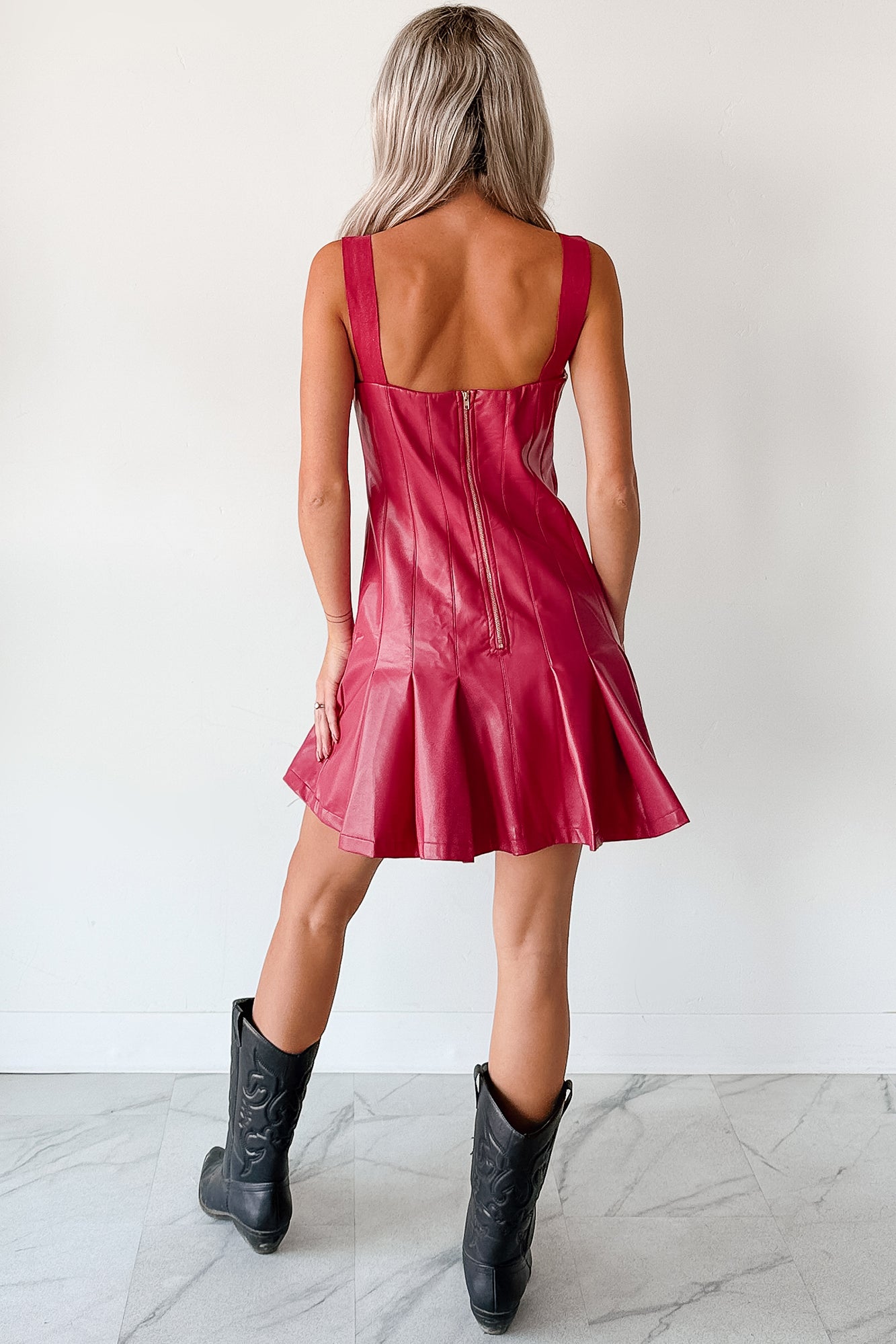 One Of None Pleated Faux Leather Dress (Magenta) - NanaMacs