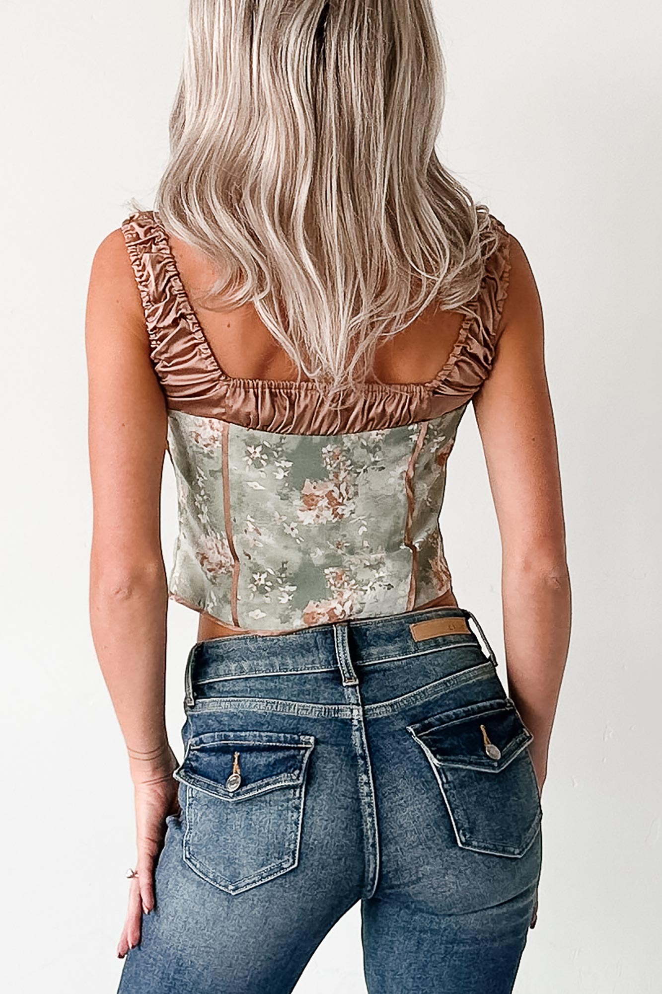 Whimsically Wild Floral Satin Hook Front Top (Sage Olive) - NanaMacs