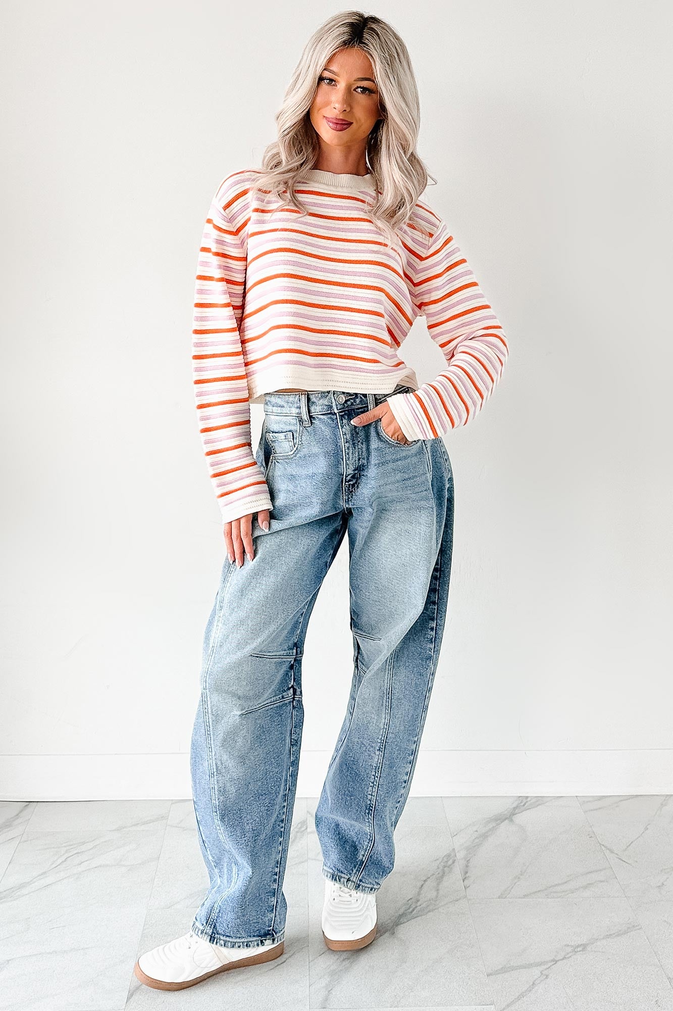Sunset Feelings Stripe Knit Sweater (Cream/Pink/Orange) - NanaMacs