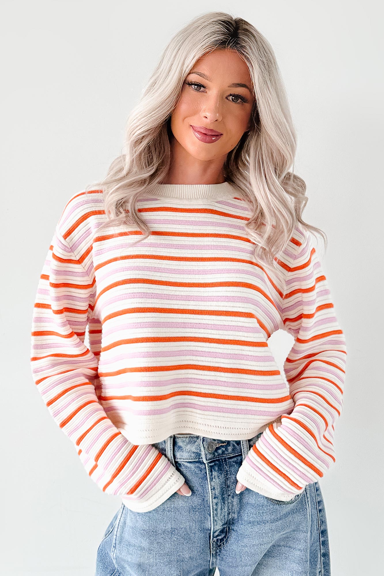 Sunset Feelings Stripe Knit Sweater (Cream/Pink/Orange) - NanaMacs