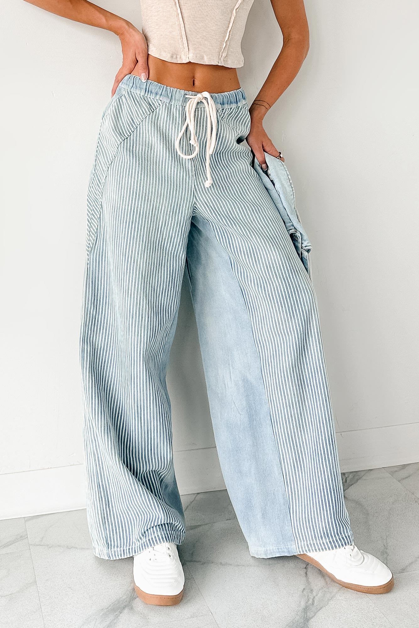 Franklin Striped Drawstring Wide Leg Jeans (Denim) - NanaMacs
